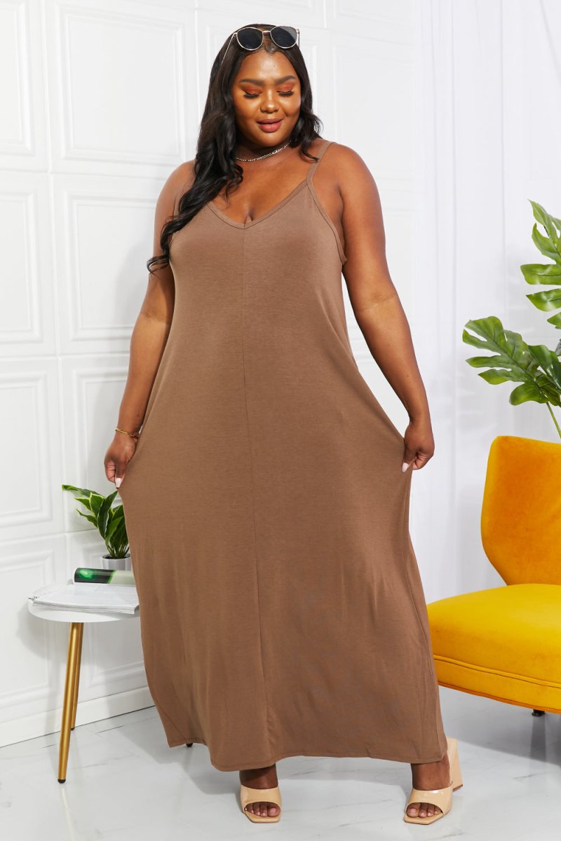 Zenana Full Size Beach Vibes Cami Maxi Dress in Mocha - Taplike