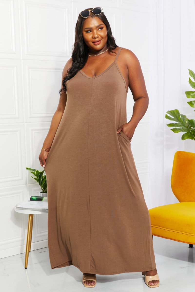 Zenana Full Size Beach Vibes Cami Maxi Dress in Mocha - Taplike