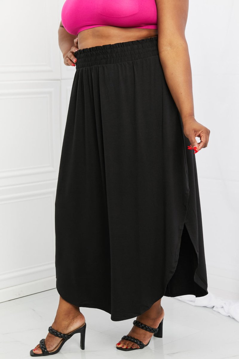 Zenana It's My Time Full Size Side Scoop Scrunch Skirt in Black - Taplike