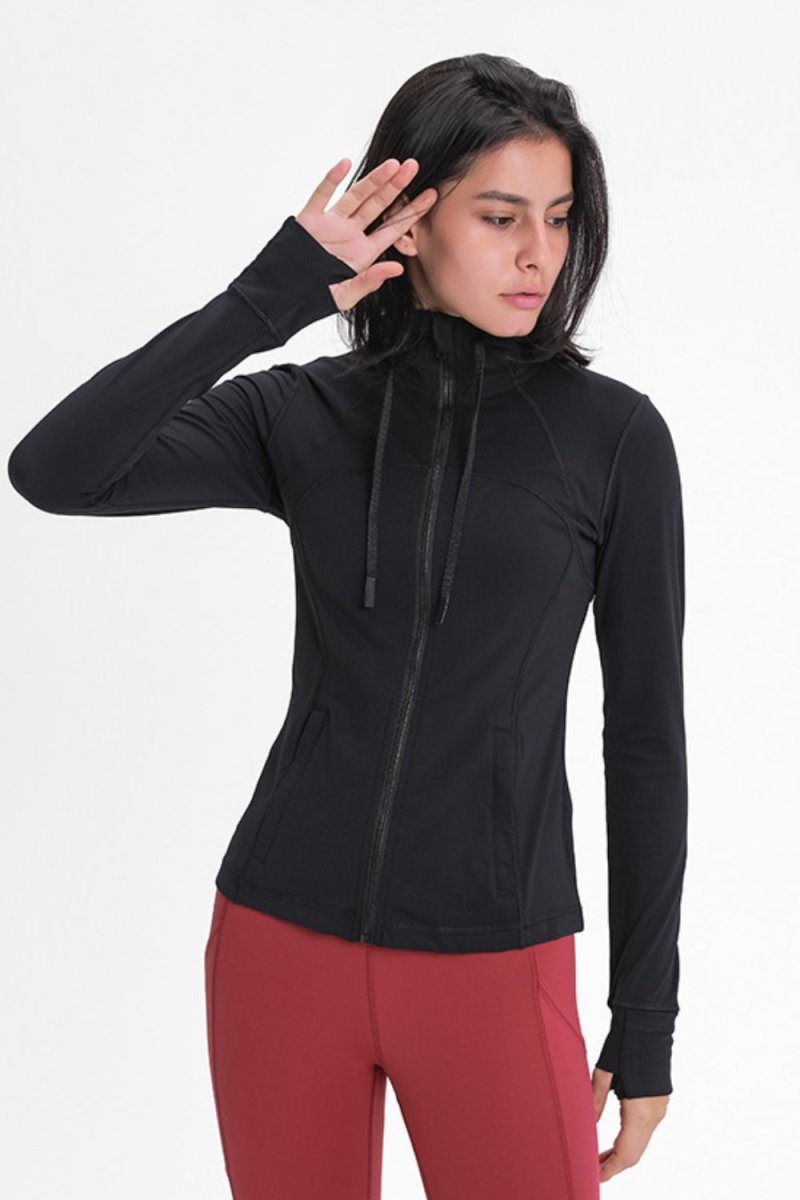 Zip Up Drawstring Detail Hooded Sports Jacket - TapLike