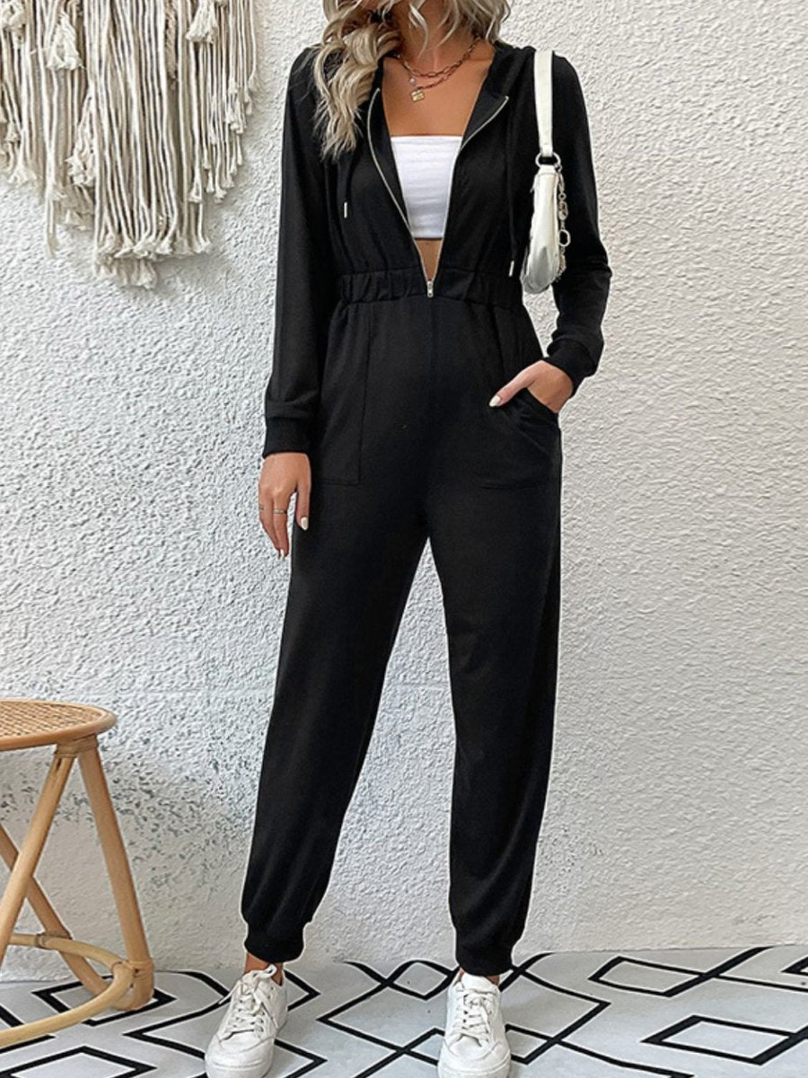 Zip Up Elastic Waist Hooded Jogger Jumpsuit 10010066444 - TapLike